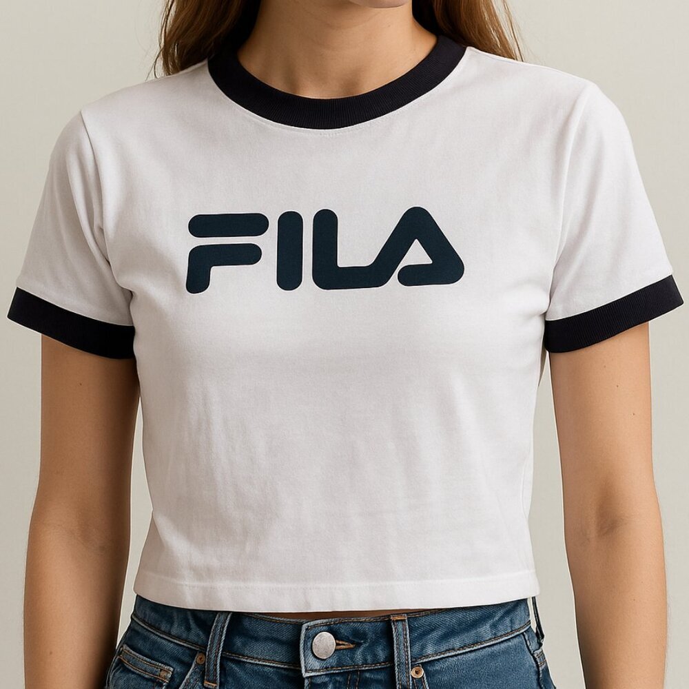 FILA White Ringer Tee | Size XS | Black Trim Logo Shirt